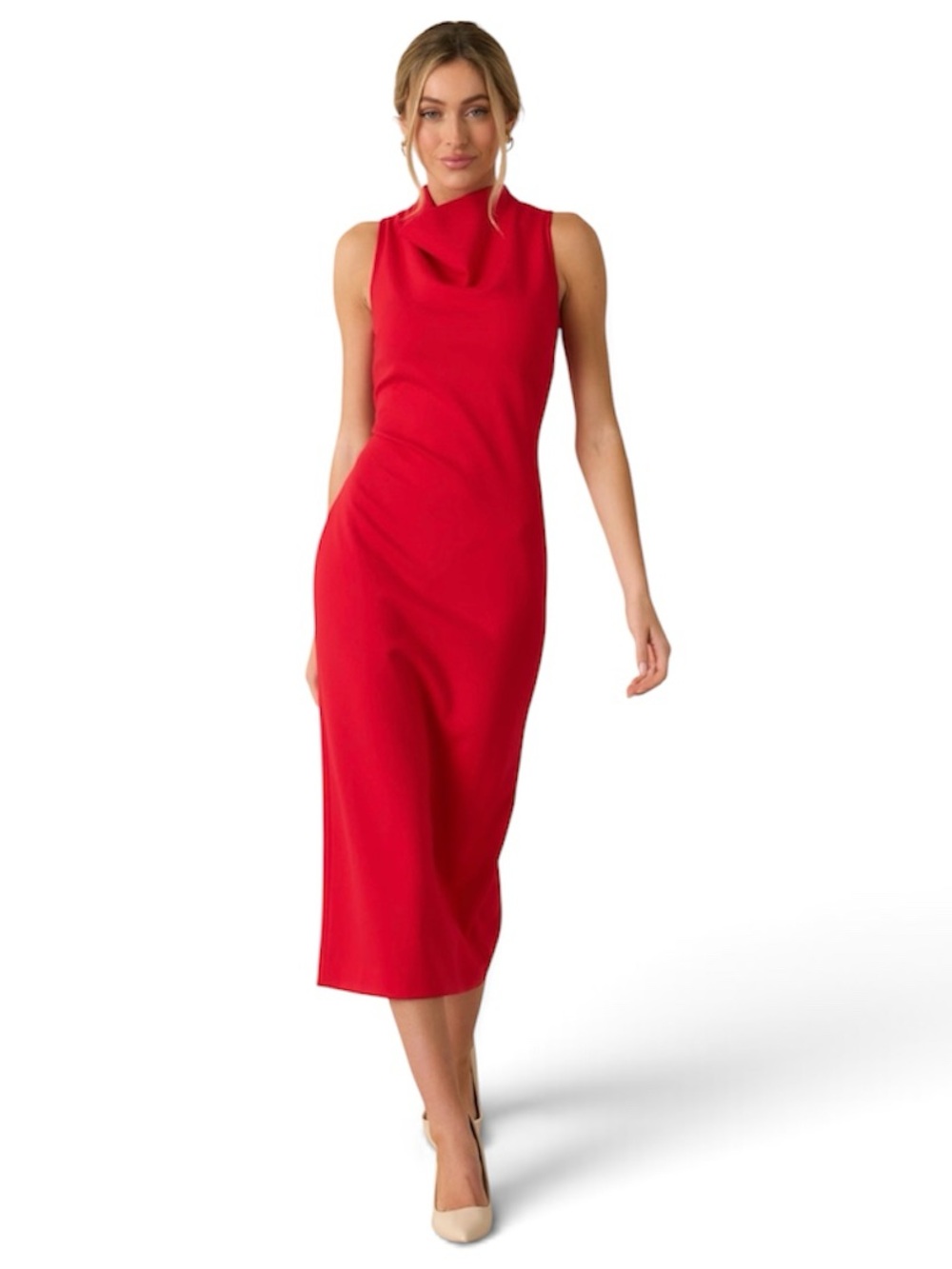 SPANX Red Ponte Sleeveless Midi Dress Cowl Neck Classic Classy Size Large